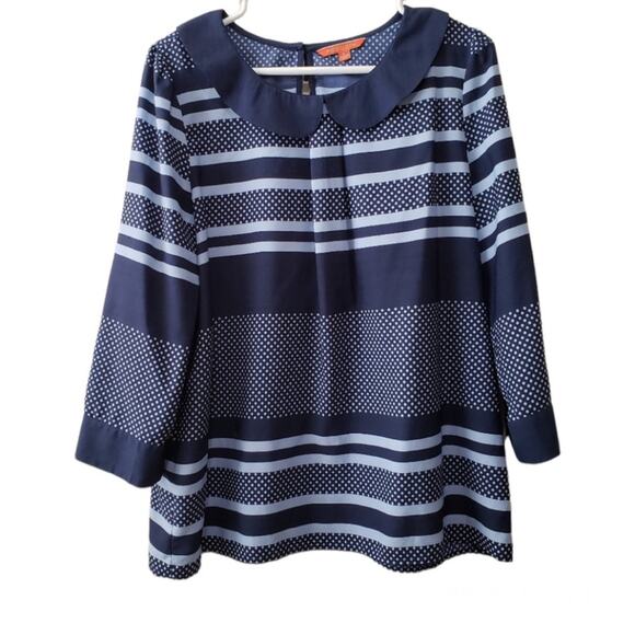 ModCloth Navy Light Blue Peter Pan Collar Blouse Medium stripes polka dots - Picture 2 of 8